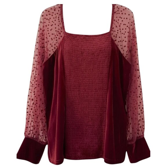 NWT Burgundy 2X Velvet Blouse Sheer Swiss Dot Sleeves Smocked Back Siren Lily - Picture 2 of 12